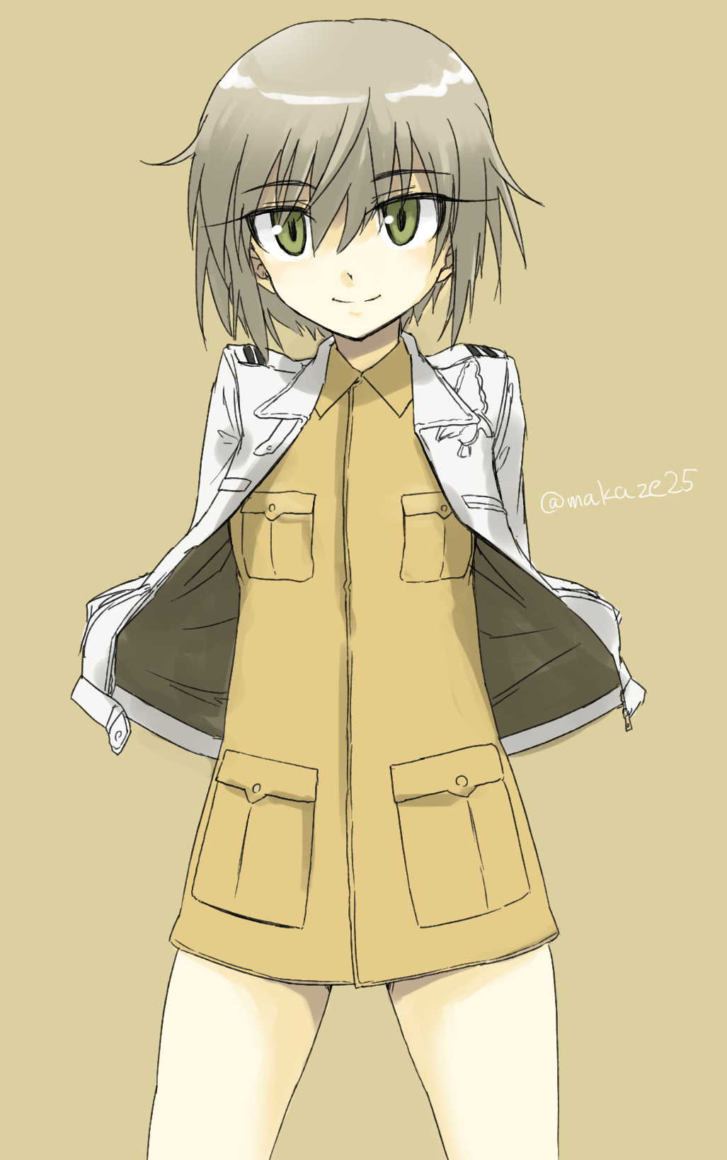 1girl, eugenia_horbaczewski, green_eyes, grey_hair, hands_in_pockets, highres, makaze_hoihoi_chaahan_joutai, military