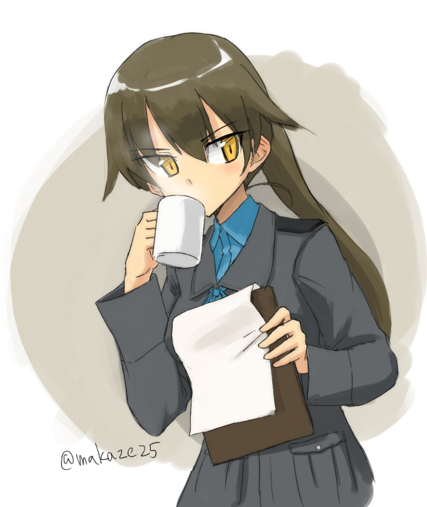 1girl, angela_salas_larrazabal, blue_ribbon, brown_hair, clipboard, collared_shirt, cup, drinking