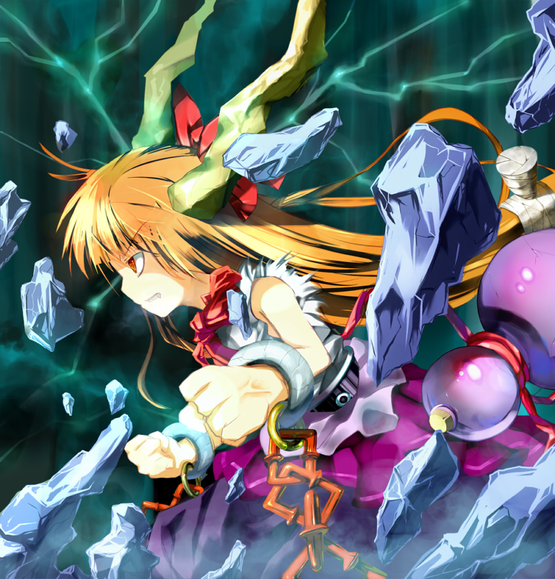 1girl, angry, belt, bow, chain, clenched_hands, cuffs, fang, fang_out, gourd, green_background, hair_bow, hato_no_hito, horns, ibuki_suika, lightning, long_hair, low-tied_long_hair, orange_hair, profile, red_eyes, ribbon, rock, scowl, shackles, shirt, skirt, sleeveless, sleeveless_shirt, solo, touhou