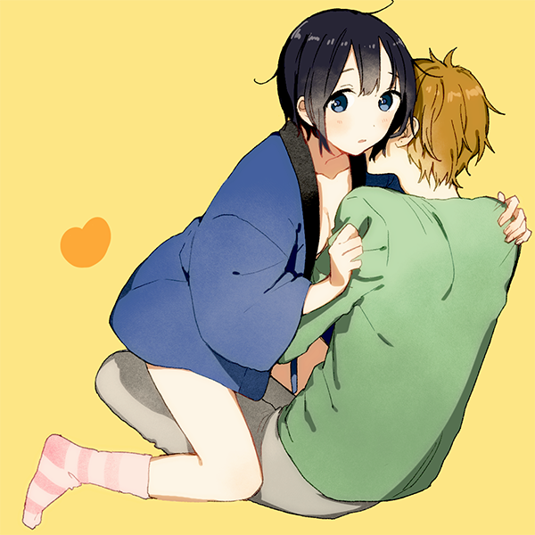 1boy, 1girl, black_hair, blue_eyes, blush, breasts, cleavage, hug