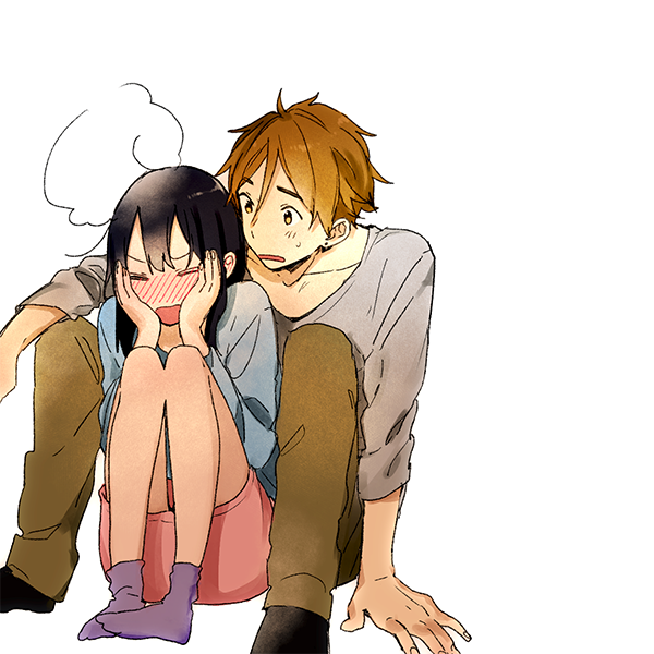 1boy, 1girl, arm_support, black_hair, blush, closed_eyes, embarrassed, hands_on_own_face, head_steam, kitashirakawa_tamako, light_brown_hair, long_hair, messy_hair, momose_(oqo), ooji_mochizou, pants, shirt, short_hair, sitting, skirt, steam, sweatdrop, tamako_market, white_background, yellow_eyes