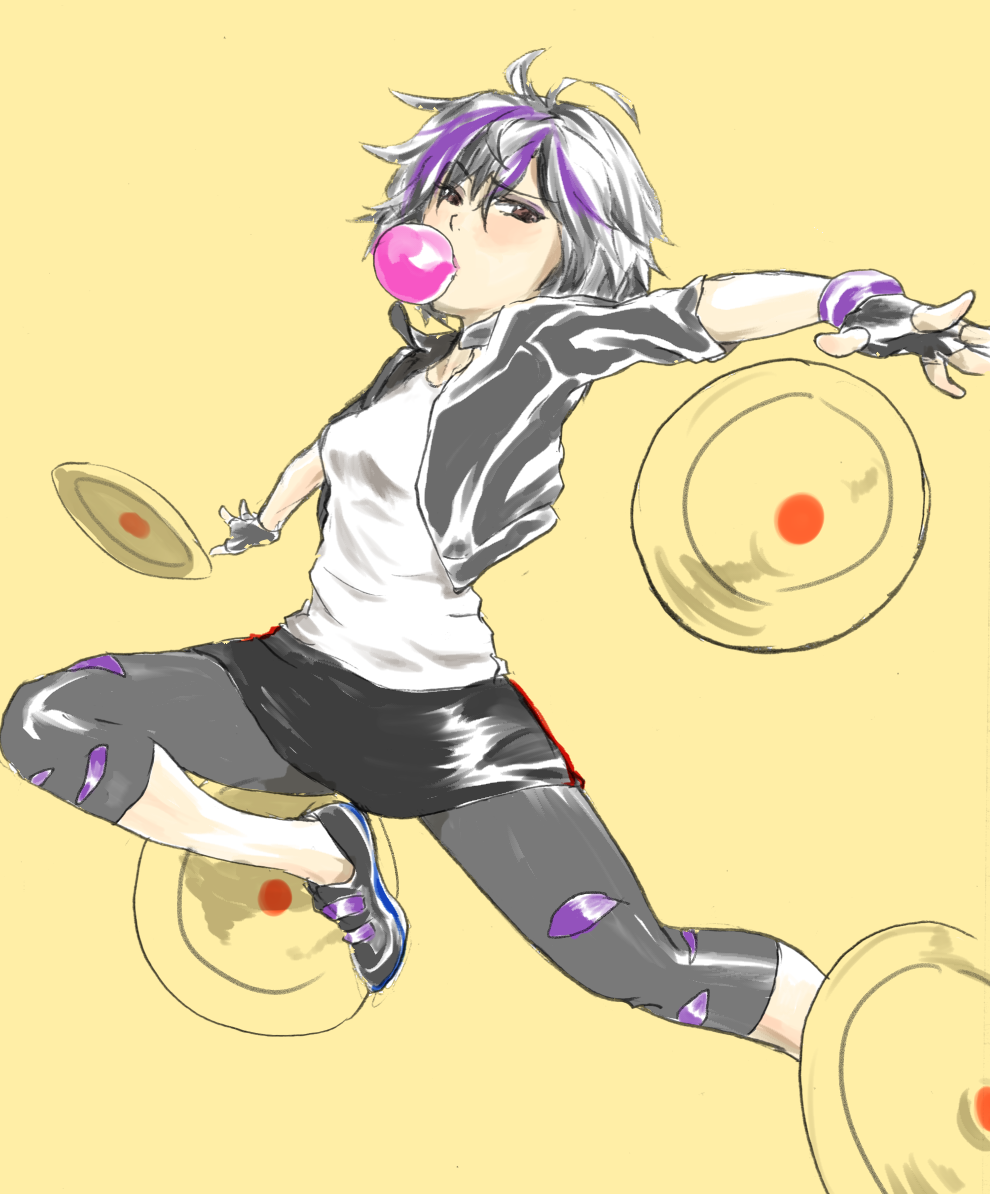 1girl, big_hero_6, black_hair, brown_eyes, bubble_blowing, bubblegum, capri_pants, cropped_jacket