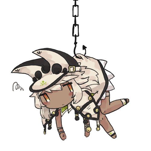 1girl, :<, blush, cape, chain, chibi, dark_skin, guilty_gear