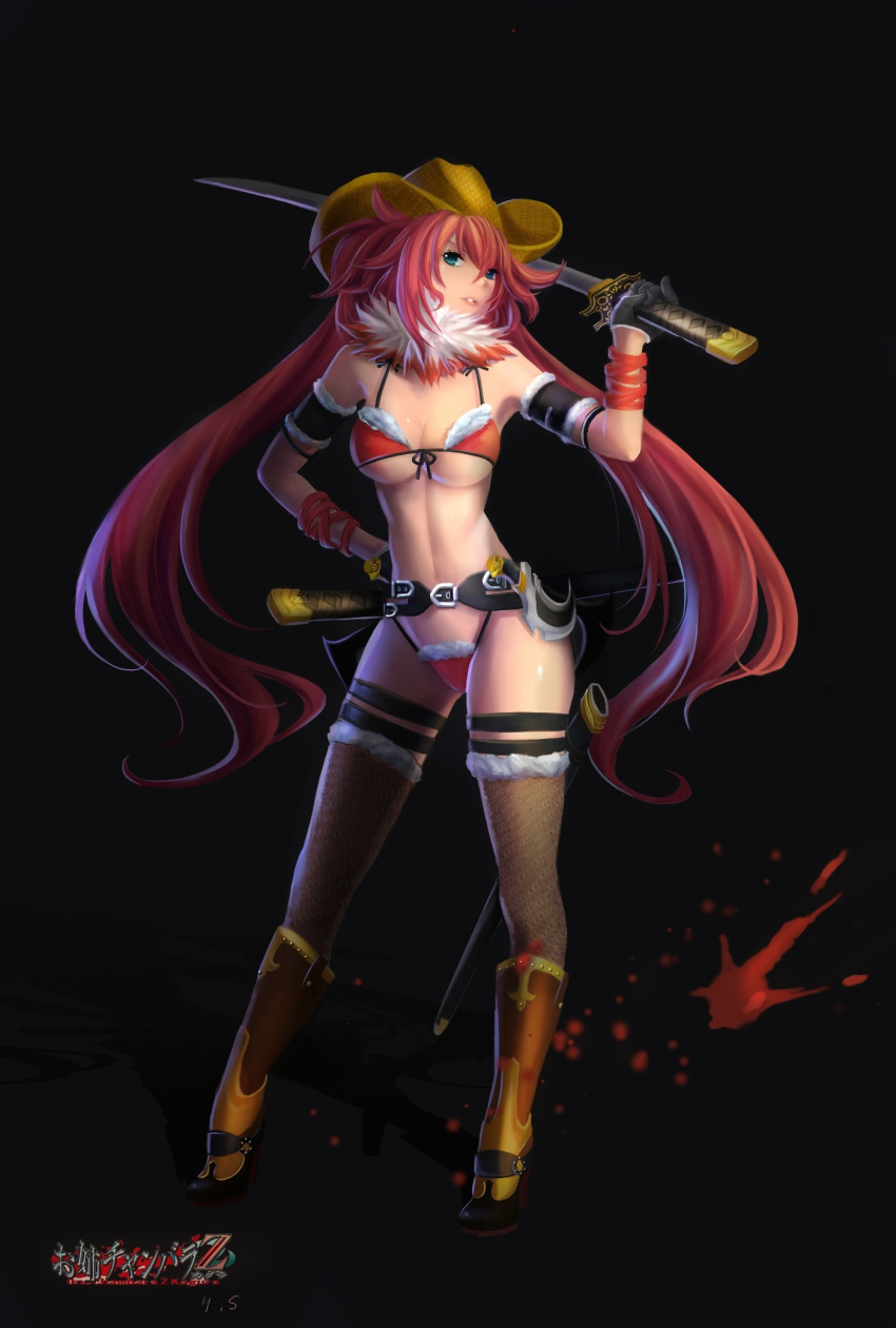 1girl, aya_(oneechanbara), bikini, black_background, black_gloves, blue_eyes, boots, breasts