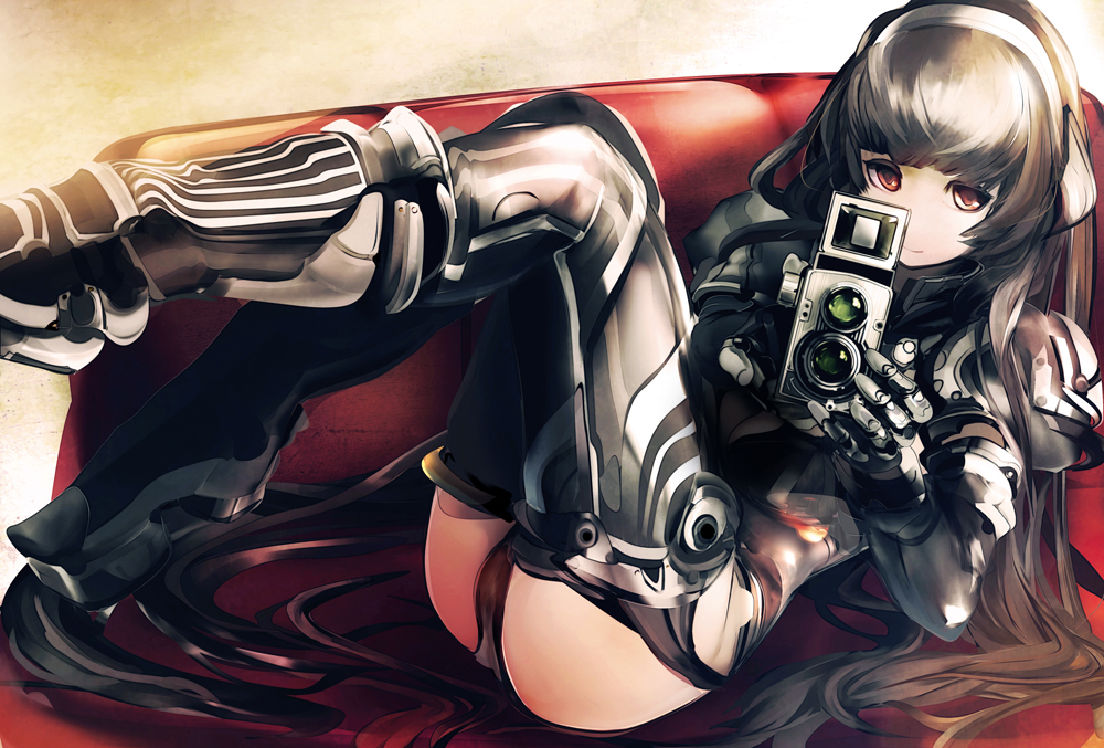 1girl, armor, black_hair, camera, headband, legs_up, long_hair, looking_at_viewer