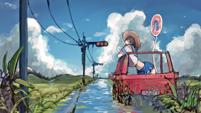 1girl, black_hair, blue_skirt, car, highres, honey_bee_(bancoth), landscape, looking_at_viewer