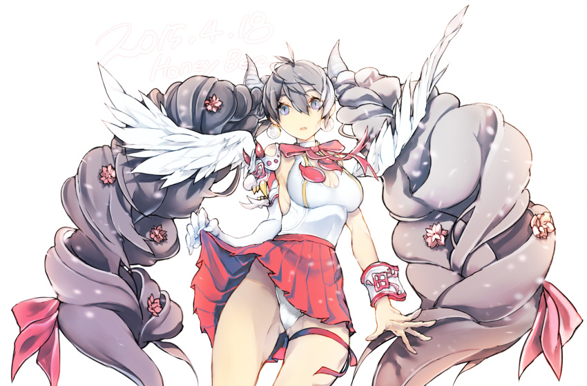 1girl, big_hair, blue_eyes, breasts, cowboy_shot, drill_hair, earrings, feathered_wings