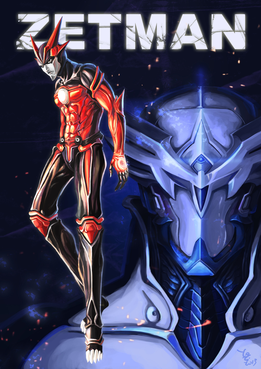 2boys, absurdres, alphasz, amagi_kouga, armor, helmet, highres, horns, kanzaki_jin, male, mask, muscular, muscular_male, power_armor, solo_focus, youzi_(majaja281278), zet, zet_(zetman), zetman