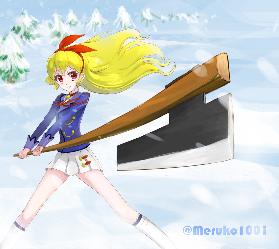 1girl, aikatsu!, axe, blazer, blonde_hair, fighting_stance, foreshortening, hairband