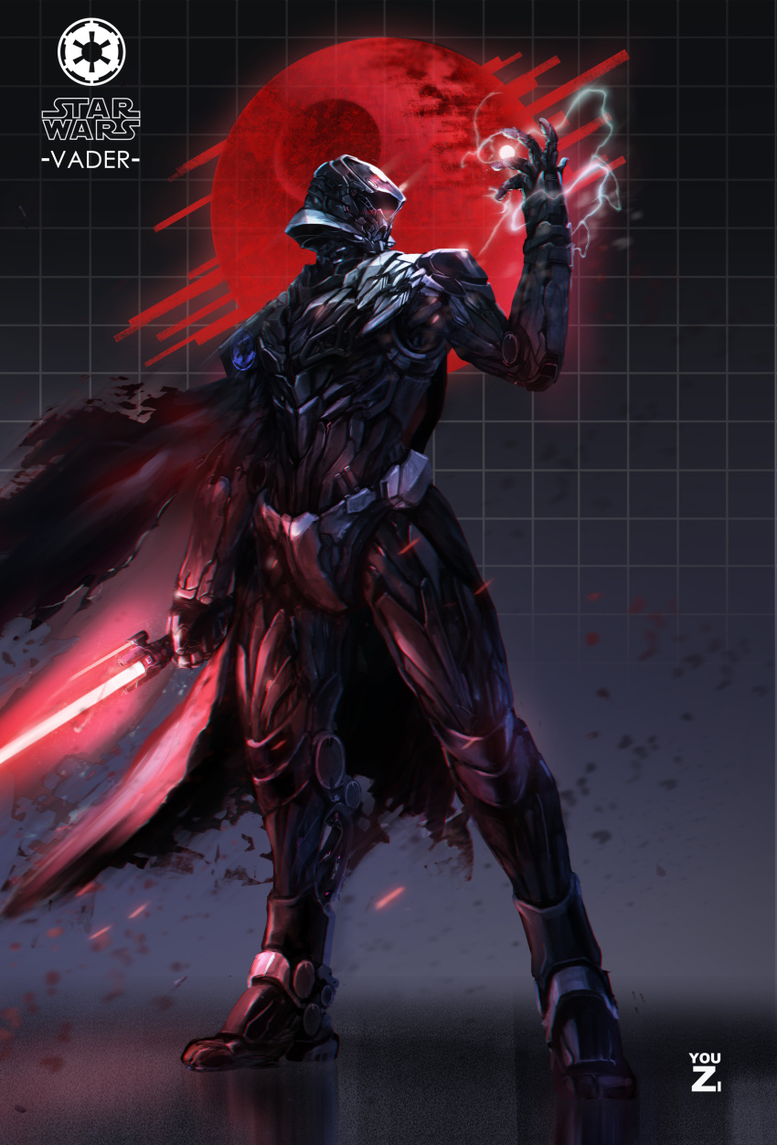 absurdres, adapted_costume, cape, cyborg, darth_vader, death_star, electricity, energy_sword, full_body, helmet, highres, lightsaber, solo, star_wars, sword, weapon, youzi_(majaja281278)