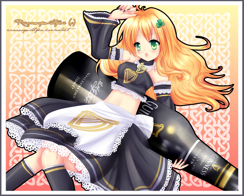 1girl, apron, bare_shoulders, black_legwear, black_nails, bottle, clover, detached_collar