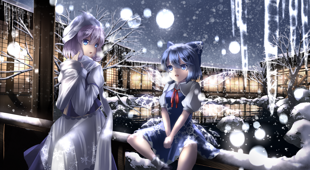 2girls, architecture, bare_tree, blue_eyes, blue_hair, bow, cirno, clouds, cloudy_sky, dress, east_asian_architecture, hair_bow, hat, icicle, lavender_hair, letty_whiterock, long_sleeves, looking_at_another, looking_at_viewer, multiple_girls, night, open_mouth, outdoors, pengin_(takeoff425), pond, puffy_short_sleeves, puffy_sleeves, railing, ribbon, rock, short_hair, short_sleeves, sitting, sky, snowflake_print, snowing, touhou, tree, vest, wings