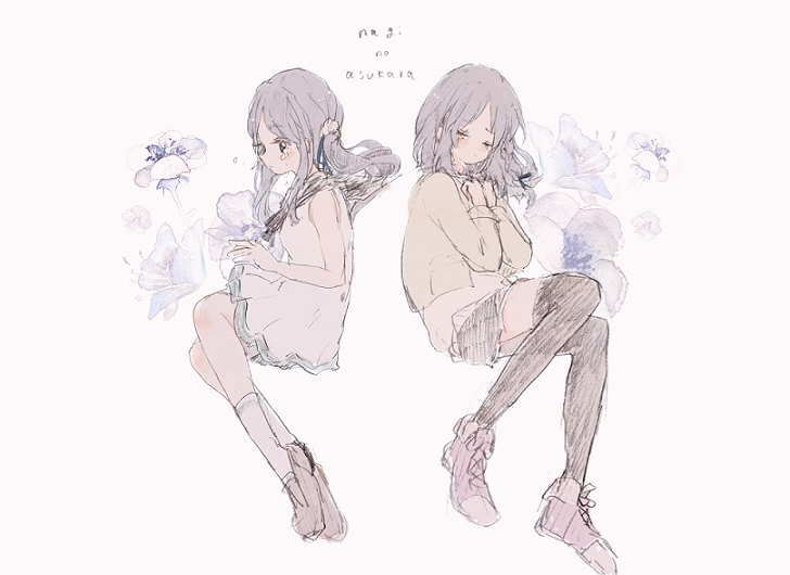 2girls, blue_eyes, blue_hair, closed_eyes, dual_persona, flower, hiradaira_chisaki, long_hair