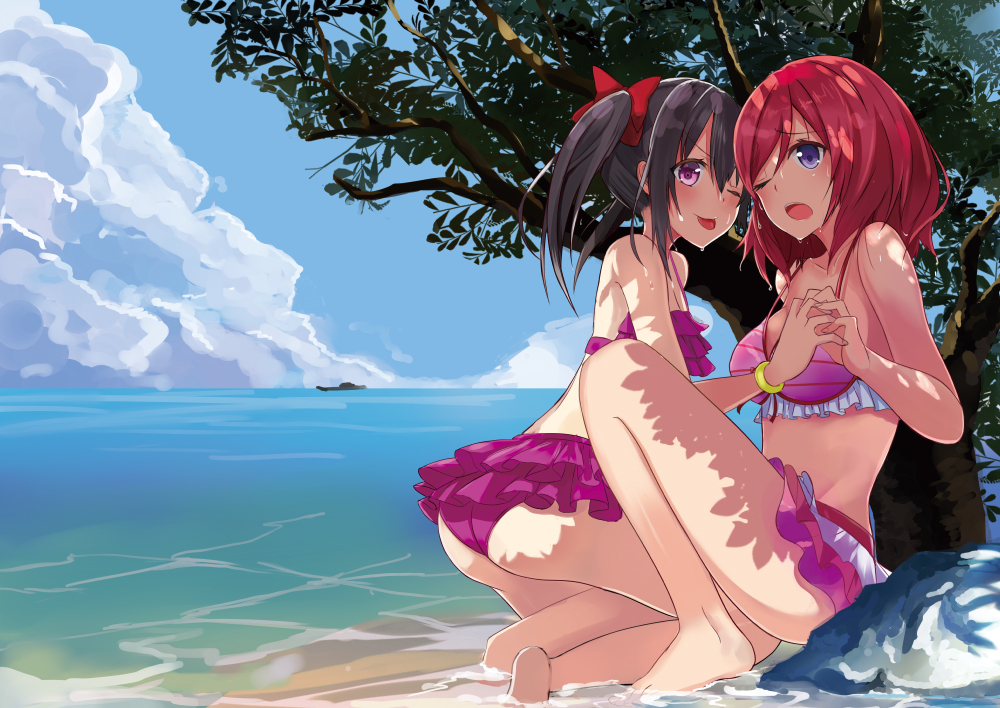 2girls, ass, beach, bikini, black_hair, holding_hands, long_hair, love_live!_school_idol_project