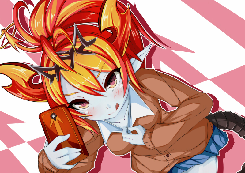 1girl, ahoge, blue_skirt, blush, cellphone, collarbone, demon_girl, demon_horns