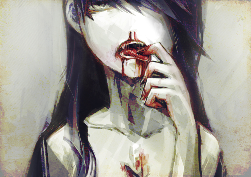 1girl, black_hair, blood, bloody_nose, fangs, hair_over_one_eye, long_hair, looking_at_viewer, nude, open_mouth, original, pale_skin, solo, teeth, toi_(number8), tongue, tongue_out