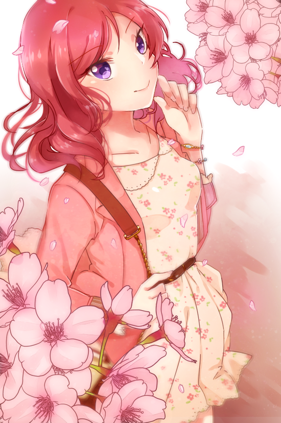 1girl, bag, belt, bracelet, cherry_blossoms, clenched_hand, dress, floral_print