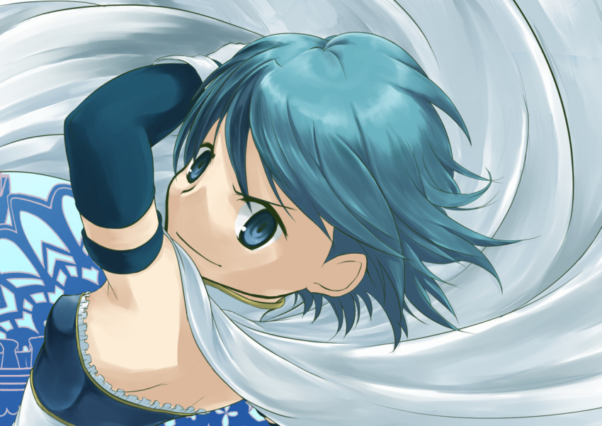 1girl, armband, back, blue_eyes, blue_hair, cape, gloves, looking_back