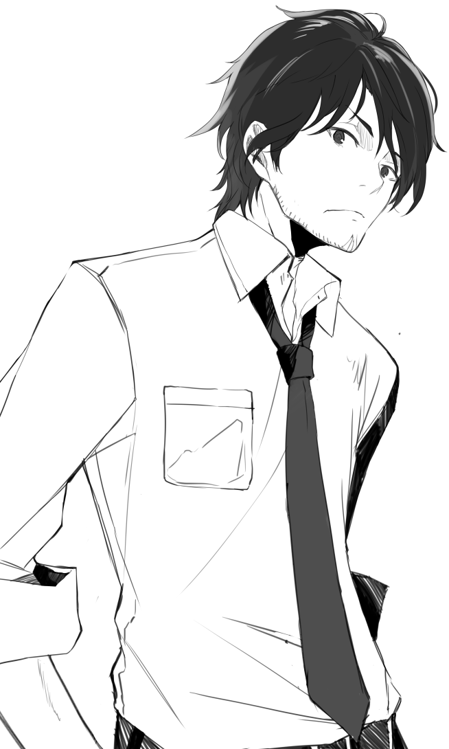1boy, aldnoah.zero, facial_hair, marito_kouichirou, miruto_netsuki, monochrome, solo, stubble
