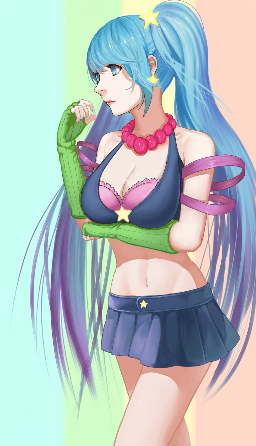 1girl, absurdres, alternate_costume, arm_warmers, bare_shoulders, blue_eyes, blue_hair, breasts