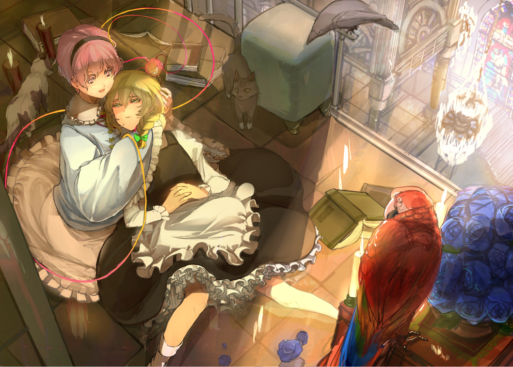 2girls, animal, architecture, bad_anatomy, bird, black_dress, blonde_hair, blouse