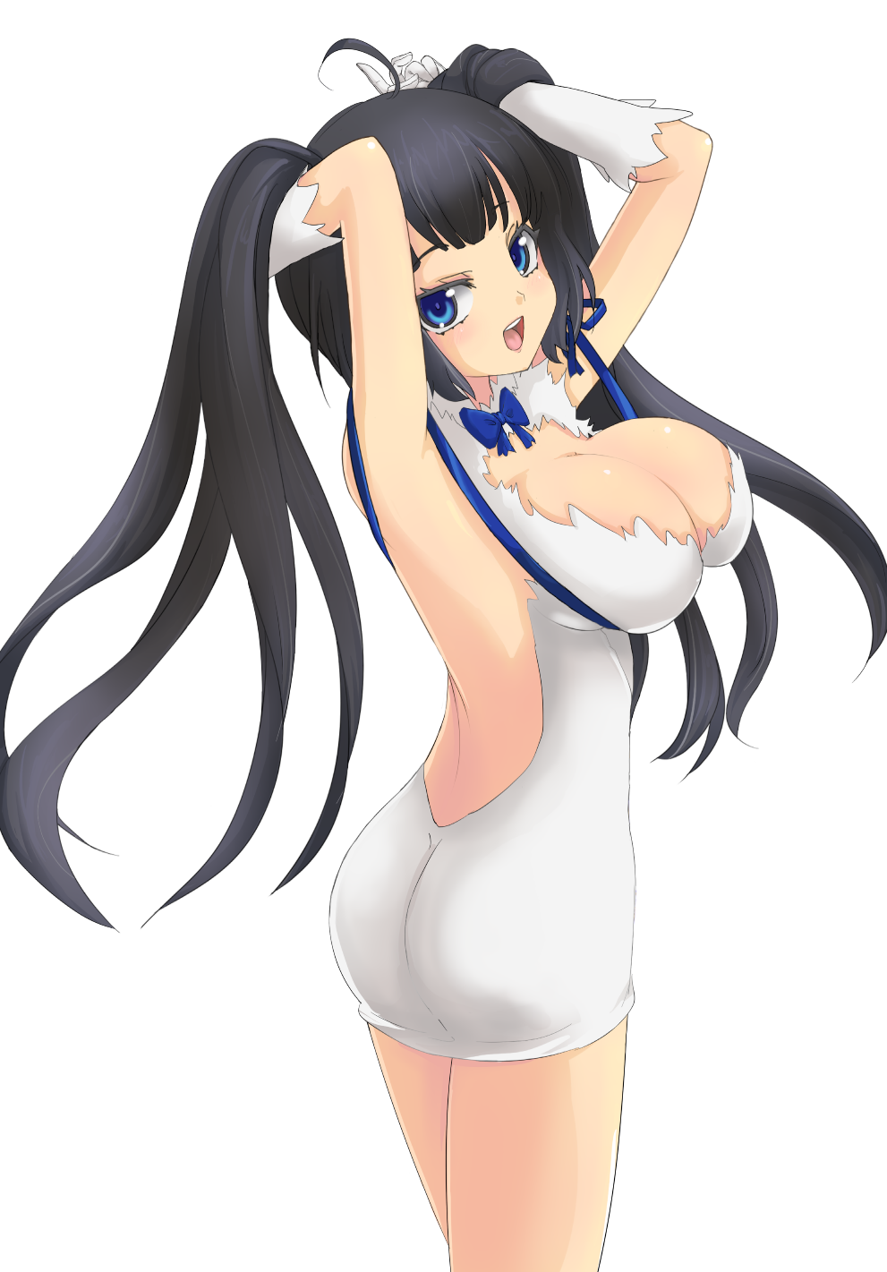arms_up, ass, black_hair, blue_eyes, breasts, cleavage, dress, dungeon_ni_deai_wo_motomeru_no_wa_machigatteiru_darou_ka