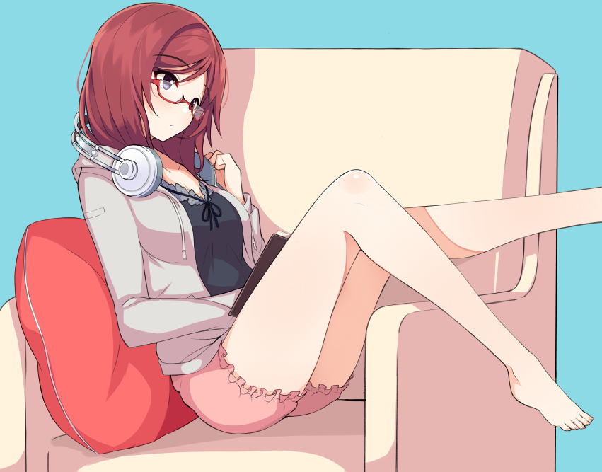 1girl, bare_legs, barefoot, blue_eyes, easy_chair, female, glasses, headphones, headphones_around_neck, hood_down, hoodie, love_live!_school_idol_project, nishikino_maki, pillow, ponkotsu_(ayarosu), reading, red-framed_glasses, redhead, semi-rimless_glasses, shorts, sitting, solo, under-rim_glasses