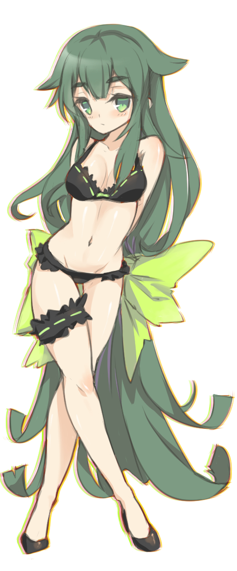 1girl, arms_behind_back, bikini, black_bikini, blush, breasts, gatchaman_crowds, green_eyes