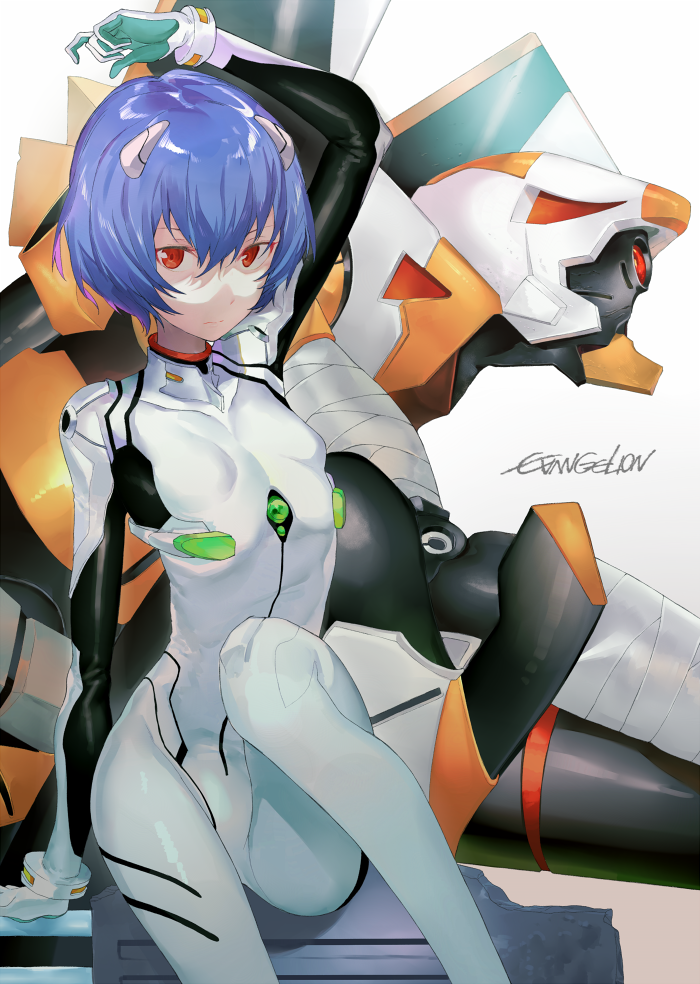 1girl, arm_over_head, ayanami_rei, blue_hair, bodysuit, eva_09, mecha, neon_genesis_evangelion