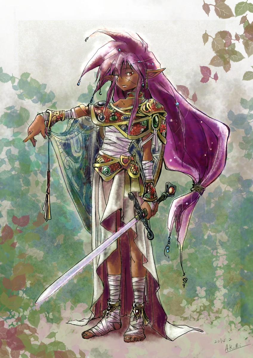 1girl, 2014, akimi_(pctakx2014), artist_name, bandages, barefoot, cape, dark_skin, dated, full_body, hair_ornament, highres, holding, jendo, leaf, long_hair, low-tied_long_hair, off_shoulder, outstretched_arm, pointy_ears, purple_hair, scar, scar_on_cheek, solo, spiky_hair, standing, sword, toki_no_daichi, very_long_hair, weapon