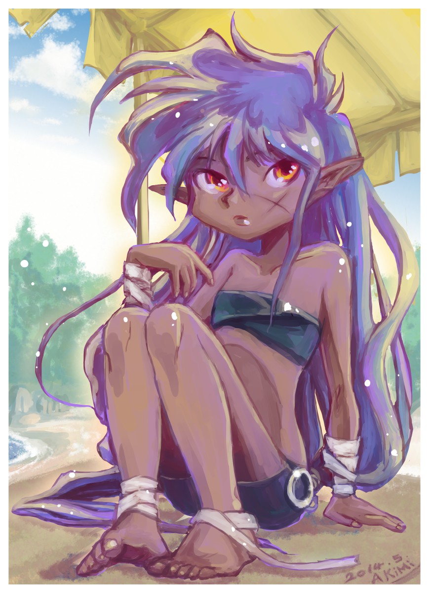 1girl, 2014, akimi_(pctakx2014), artist_name, bandages, bare_shoulders, barefoot, dark_skin, dated, feet, full_body, highres, jendo, legs, long_hair, orange_eyes, pointy_ears, purple_hair, scar, scar_on_cheek, sitting, solo, toki_no_daichi, very_long_hair
