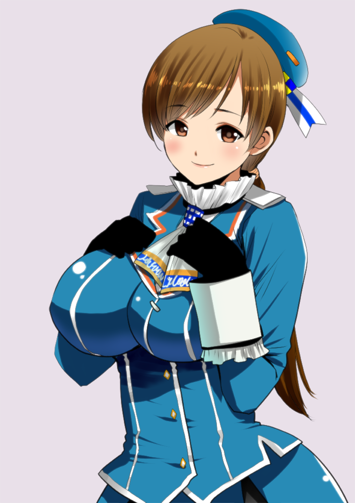 1girl, breasts, brown_eyes, brown_hair, cosplay, idolmaster, idolmaster_cinderella_girls, kantai_collection