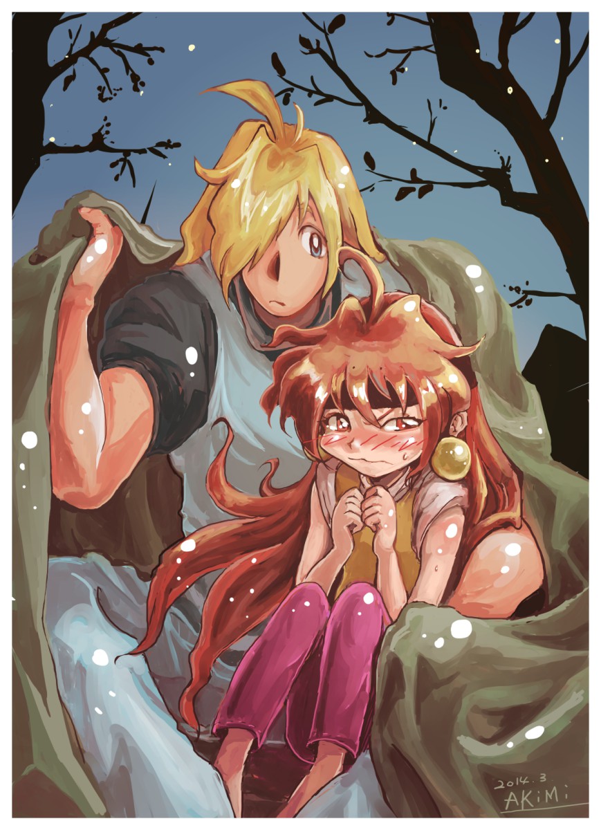 1boy, 1girl, 2014, ahoge, akimi_(pctakx2014), artist_name, averting_eyes, bare_tree