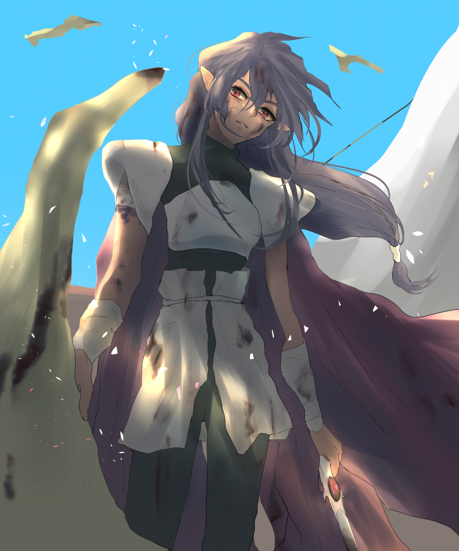 1girl, backlighting, bandages, cape, dark_skin, head_tilt, jendo, light_smile