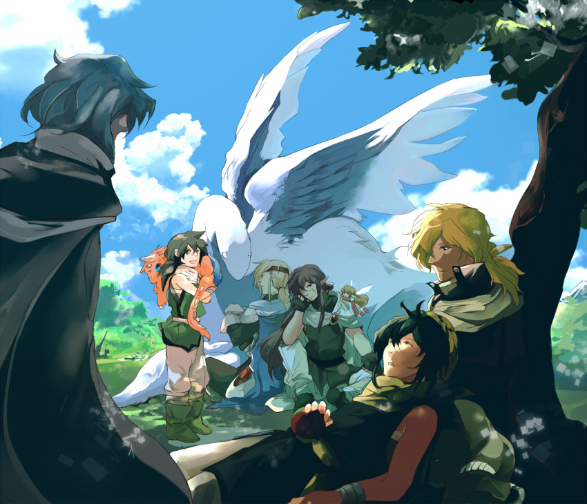 cape, character_request, clouds, dragon, fairy, friends, headband, highres, holding, inukichi/inupu, jendo, low_ponytail, nature, outdoors, shade, sky, toki_no_daichi, tree, under_tree