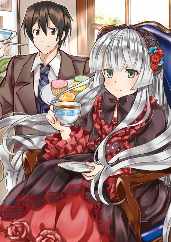 1boy, 1girl, aqua_eyes, bangs, black_bow, blunt_bangs, bow, bowtie