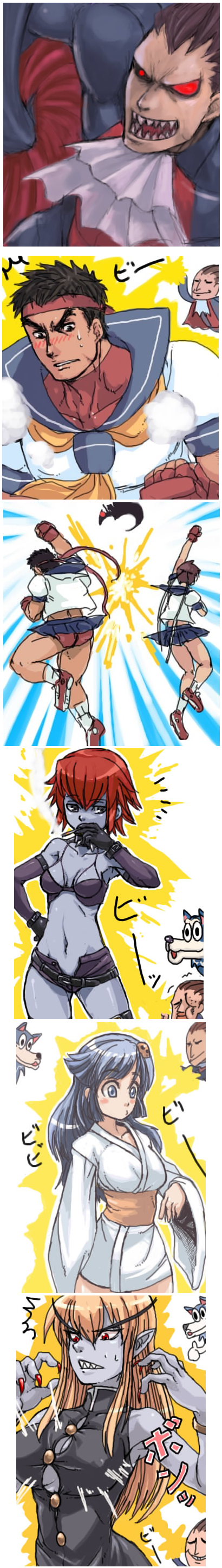 attack, bishamon, blue_eyes, blue_hair, capcom, darkstalkers, demitri_maximoff, gallon