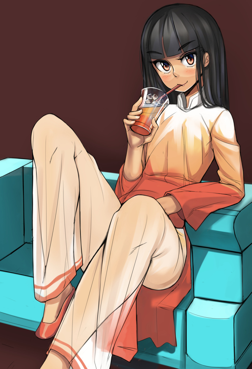 ayakumo, dark_skin, drinking, gradient_dress, highres, hime_cut, long_dress, long_hair