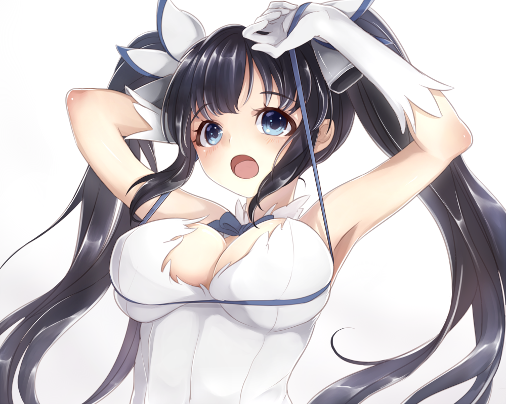 1girl, black_hair, blue_eyes, breasts, cleavage, dungeon_ni_deai_wo_motomeru_no_wa_machigatteiru_darou_ka, gloves, hestia_(danmachi)