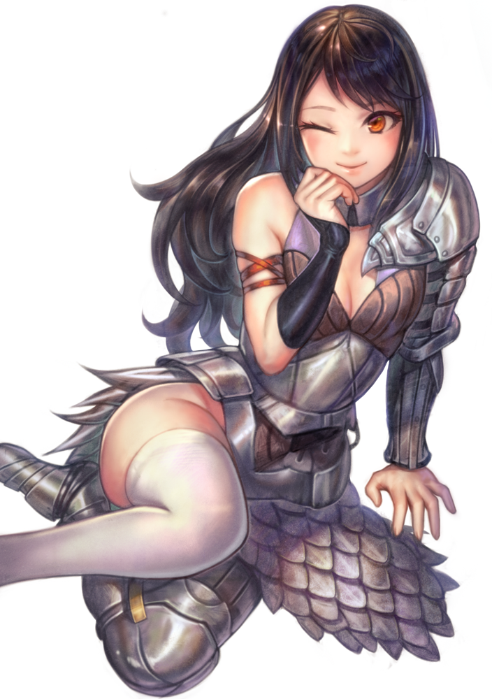 1girl, armor, bent_knees, breasts, brown_hair, cleavage, long_hair, one_eye_closed