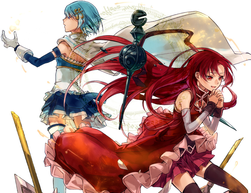 2girls, bare_shoulders, black_legwear, blue_eyes, blue_hair, blue_skirt, boots, cape