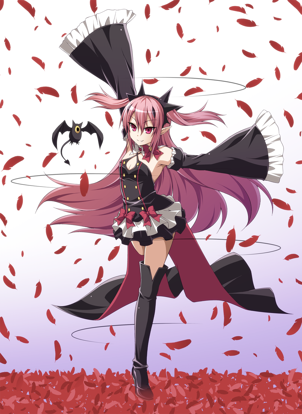1girl, bare_shoulders, bat, black_dress, boots, bow, detached_sleeves, dress