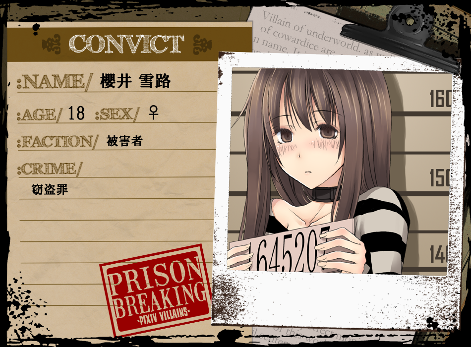 1girl, blush, brown_eyes, brown_hair, choker, crote, long_hair, mugshot
