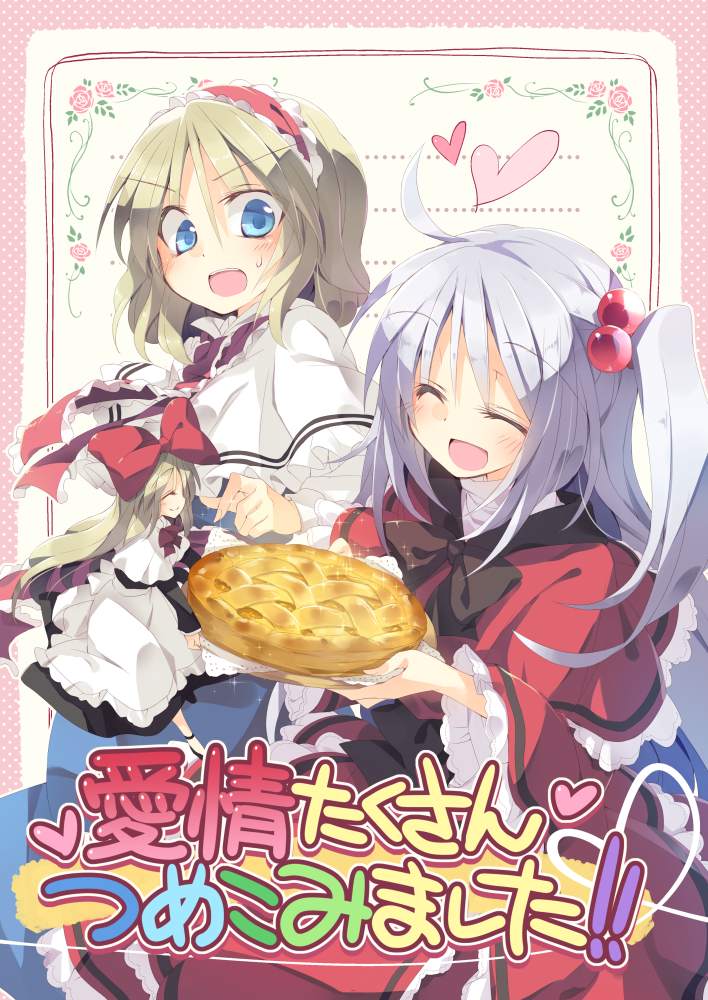 2girls, alice_margatroid, apron, blonde_hair, blue_dress, blue_eyes, blush, bow