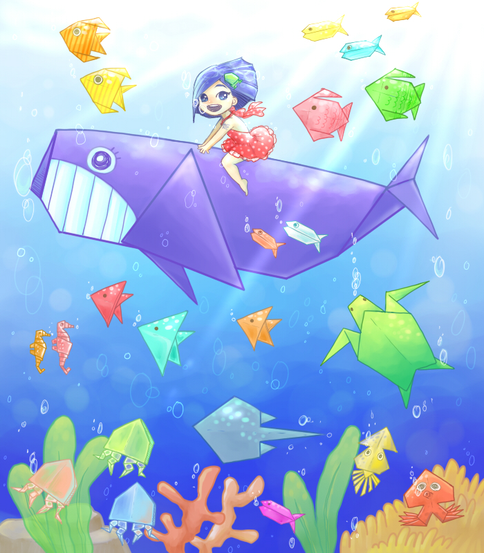 1boy, bubble, fish, higashikata_tsurugi, jellyfish, jojo_no_kimyou_na_bouken, jojolion, origami