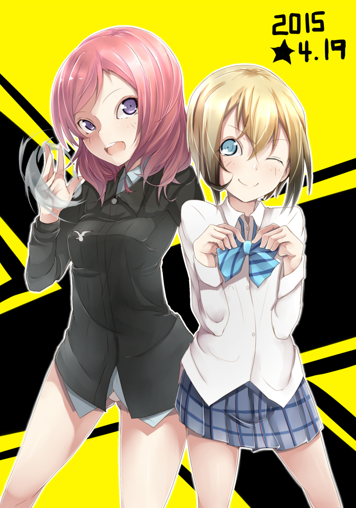 2girls, ;d, blonde_hair, blue_eyes, bow, cosplay, costume_switch, crossover, dated, erica_hartmann, erica_hartmann_(cosplay), hatsumi_nekuta, love_live!_school_idol_project, military, military_uniform, multiple_girls, nishikino_maki, nishikino_maki_(cosplay), one_eye_closed, open_mouth, panties, plaid, plaid_bow, plaid_skirt, redhead, school_uniform, seiyuu_connection, short_hair, skirt, smile, star, underwear, uniform, violet_eyes, white_panties
