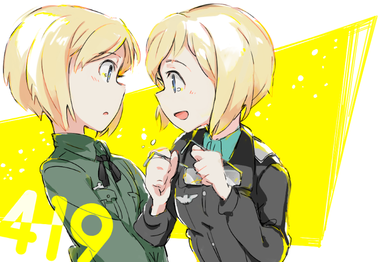 2girls, :d, birthday, blonde_hair, blue_eyes, bob_cut, dated, erica_hartmann, glasses, glasses_removed, looking_at_another, military, military_uniform, multiple_girls, open_mouth, shiraba_(sonomama_futene), short_hair, siblings, sideways_mouth, sisters, smile, strike_witches, tears, twins, uniform, ursula_hartmann