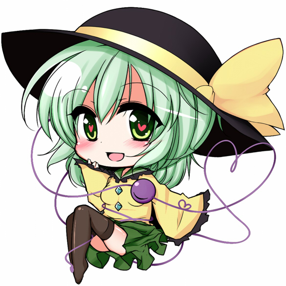 1girl, bakko, black_legwear, blush, bow, chibi, deformed, green_eyes