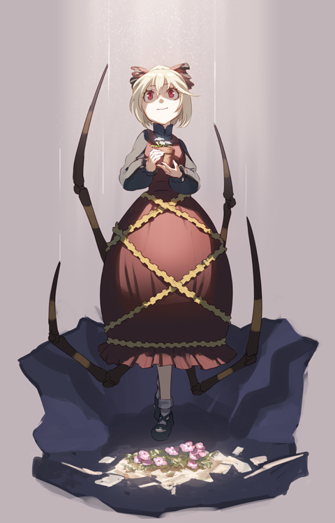 1girl, blonde_hair, bobby_socks, bow, dress, flower, hair_bow, insect_girl
