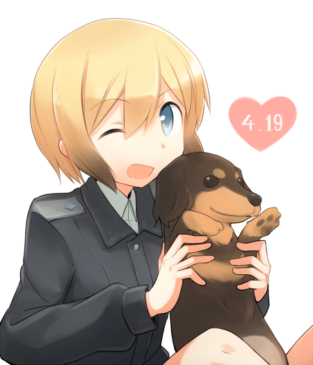 1girl, ;d, birthday, blonde_hair, blue_eyes, bob_cut, brown_hair, dachshund